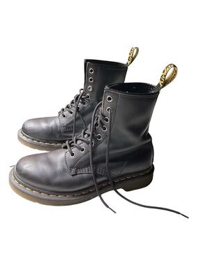 Dr. Martens Black Leather 8-Eye Boots with Yellow Stitching
